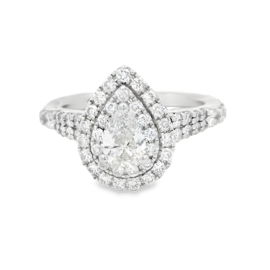 14K White Gold Pear Shaped Double Diamond Halo Engagement Ring