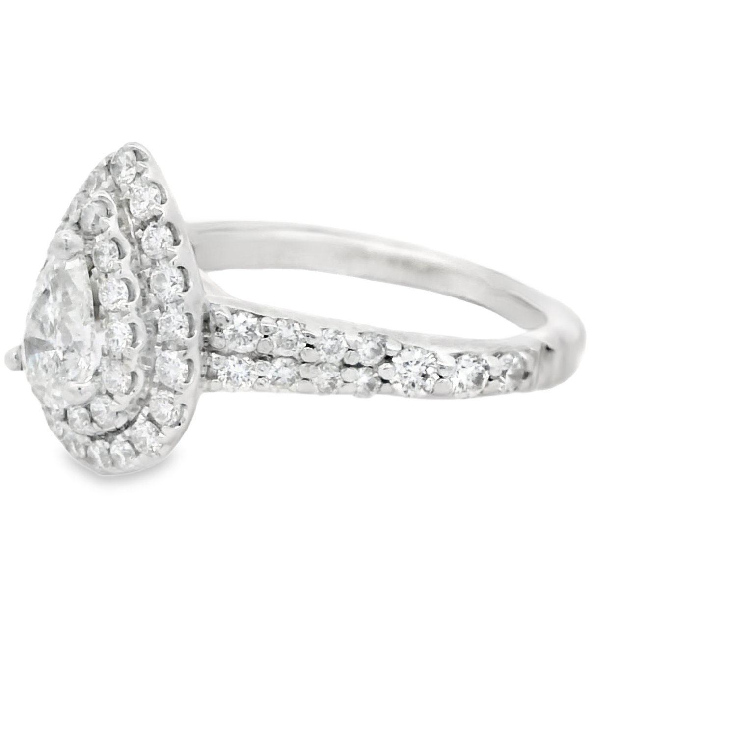 14K White Gold Pear Shaped Double Diamond Halo Engagement Ring