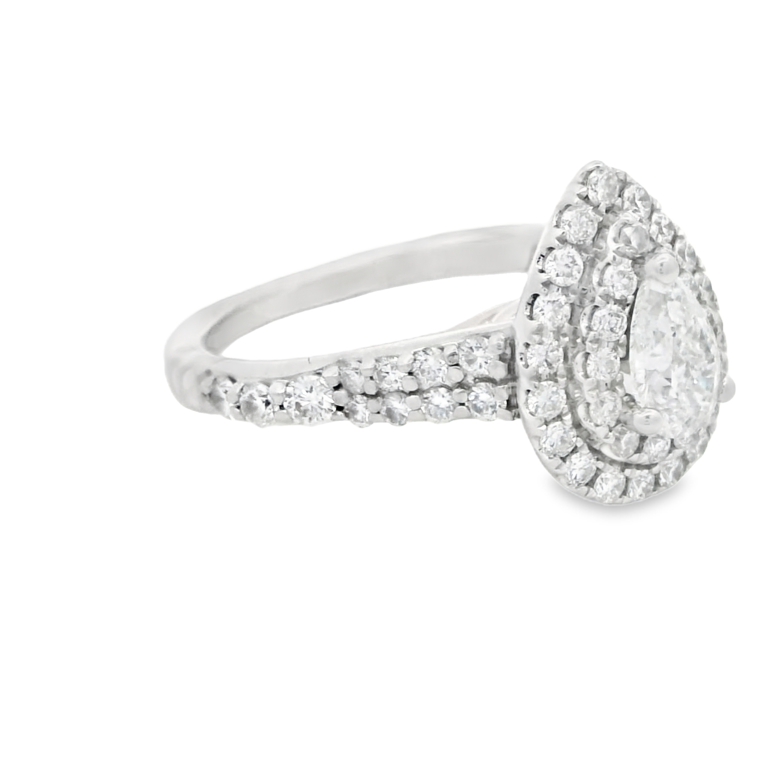 14K White Gold Pear Shaped Double Diamond Halo Engagement Ring