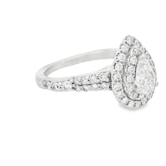 14K White Gold Pear Shaped Double Diamond Halo Engagement Ring