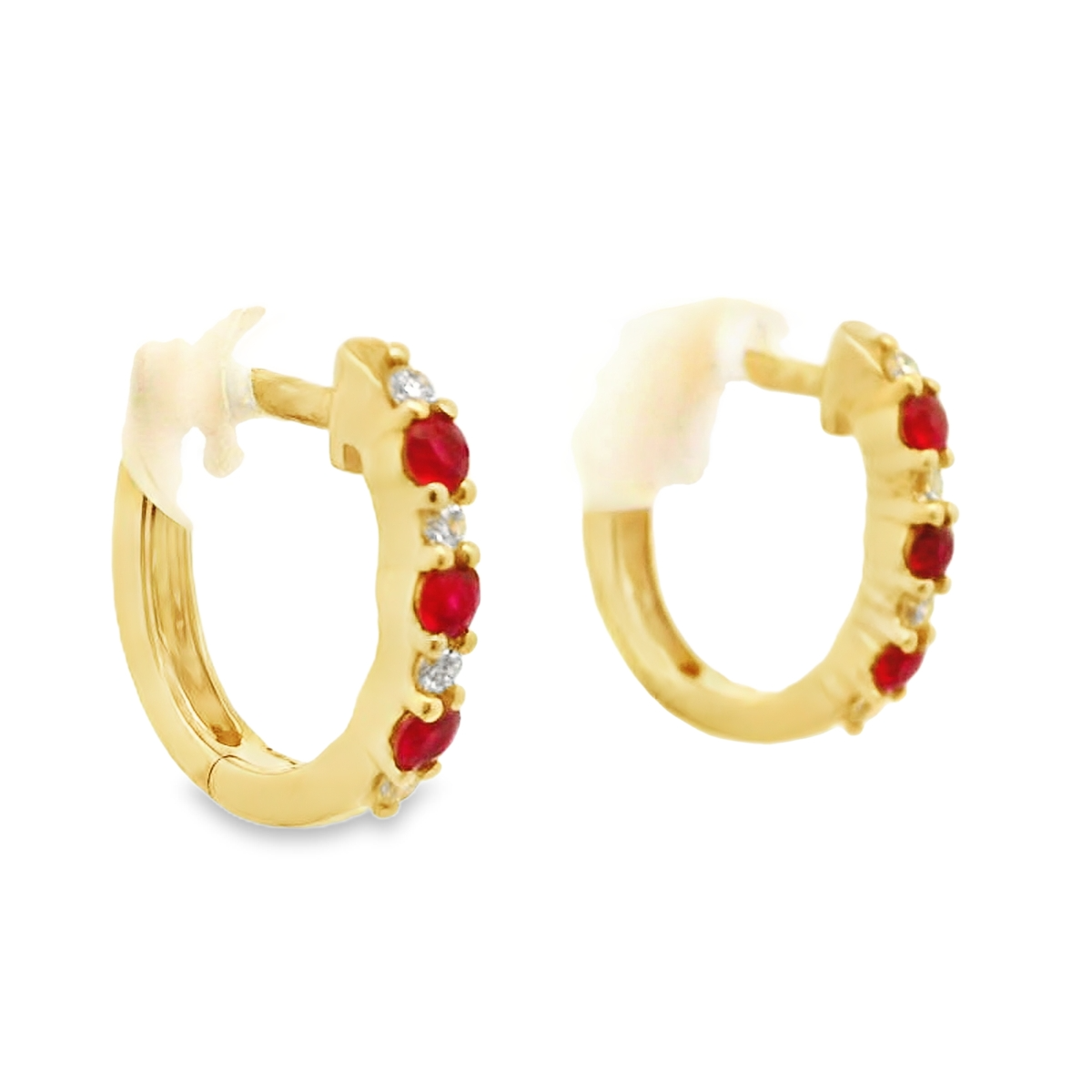 14k Yellow Gold Ruby and Diamond Huggie Earrings