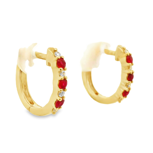 14k Yellow Gold Ruby and Diamond Huggie Earrings