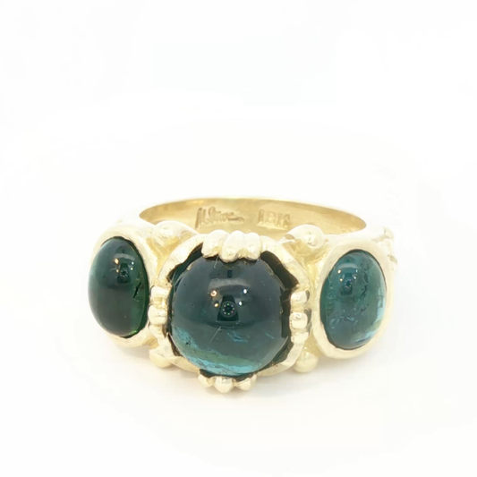 18K Yellow Gold Ring with Bluish Green Tourmaline Cabochon Gems