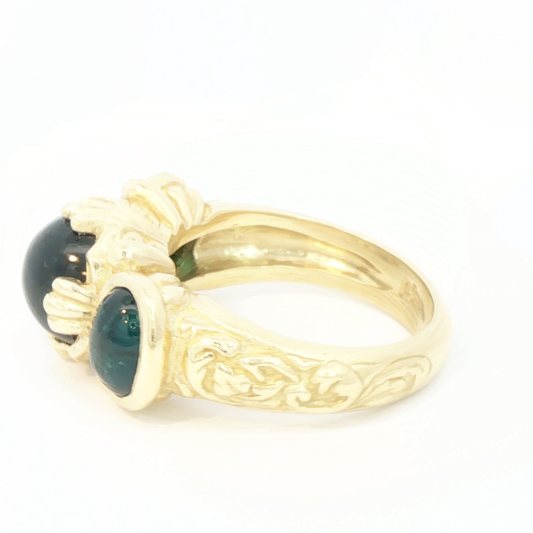 18K Yellow Gold Ring with Bluish Green Tourmaline Cabochon Gems