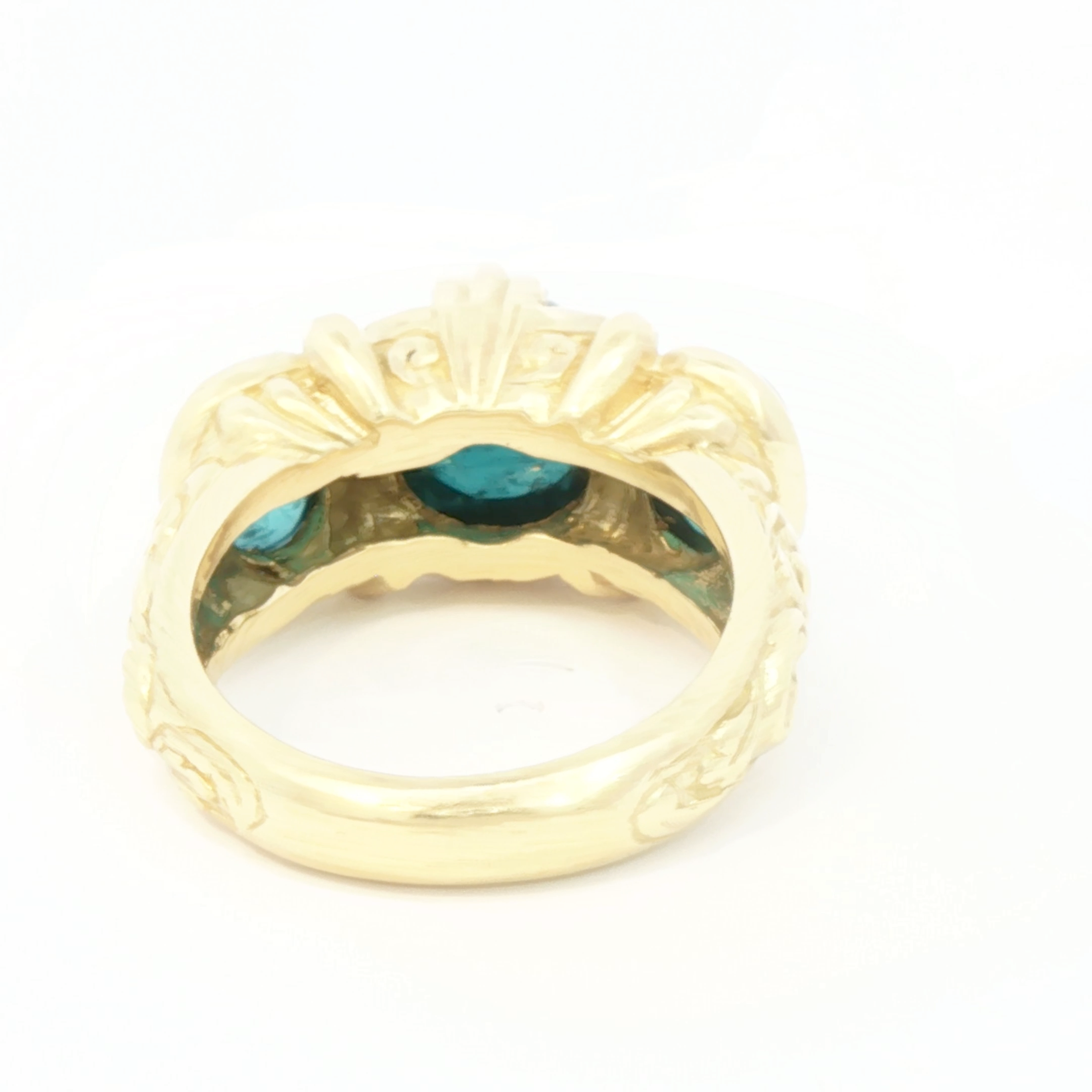 18K Yellow Gold Ring with Bluish Green Tourmaline Cabochon Gems