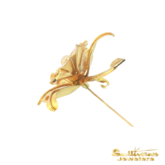 18K Yellow Gold Floral Brooch with Round Cabochon Pearl Centerpiece