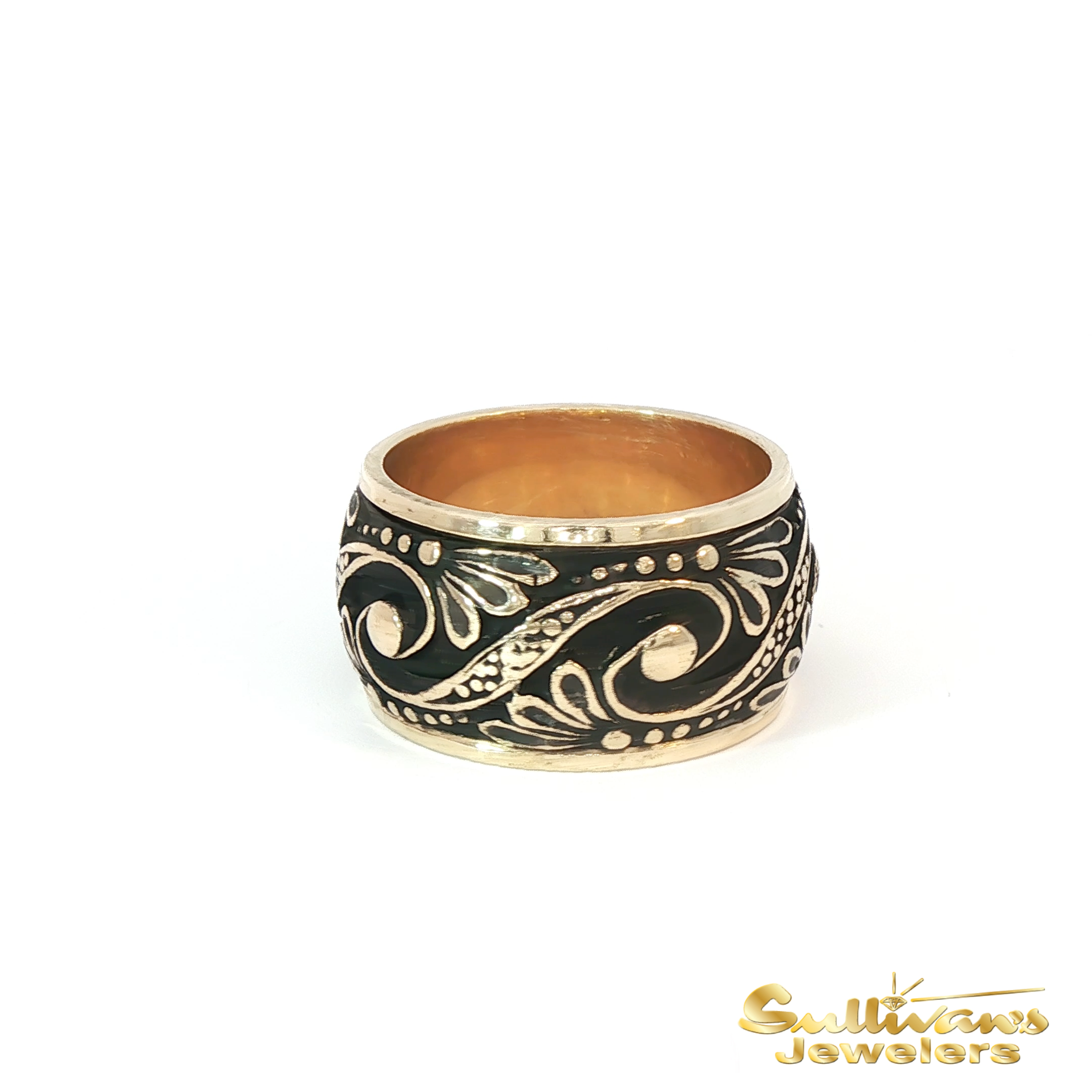 14K Yellow Gold With Black Enamel Scroll Ring