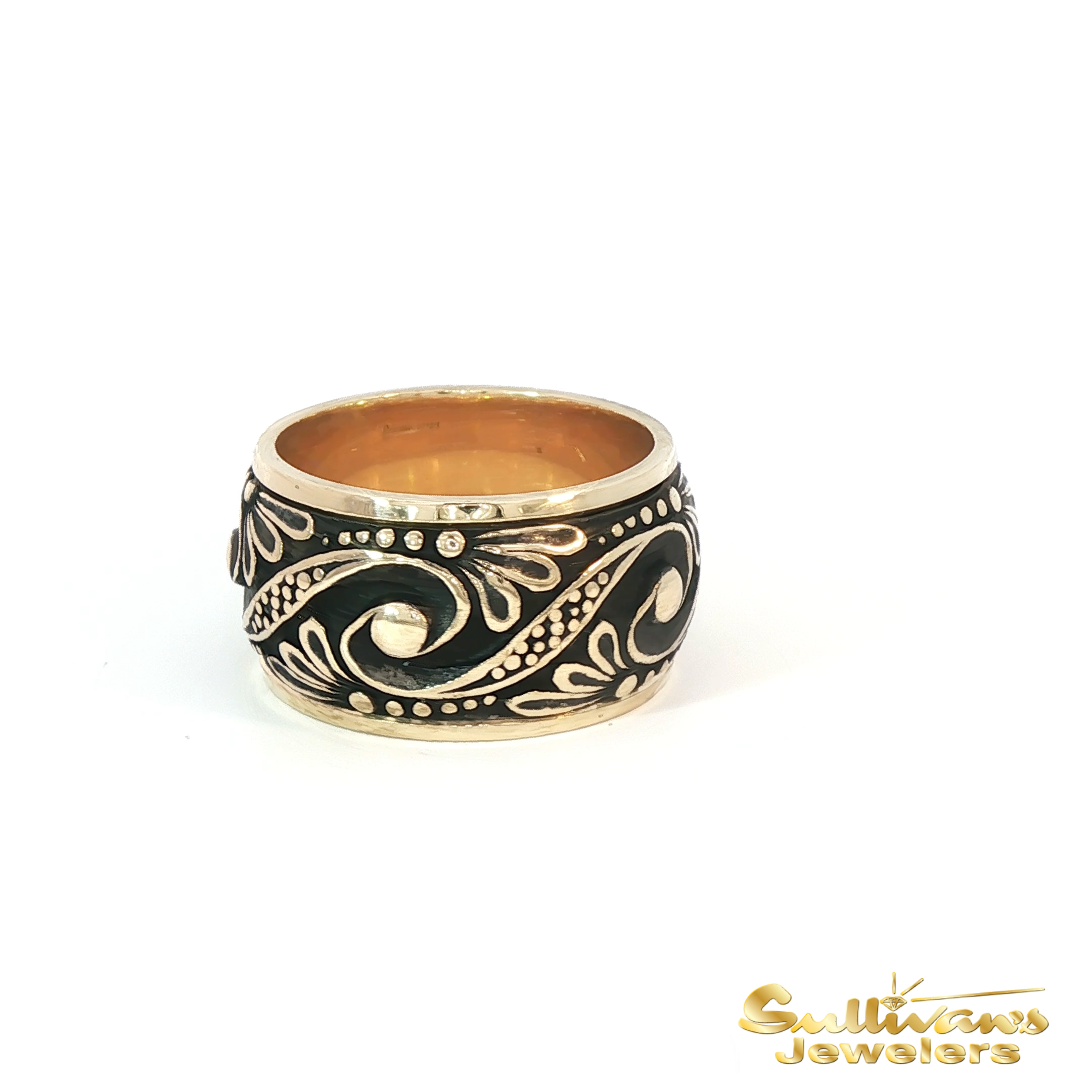14K Yellow Gold With Black Enamel Scroll Ring