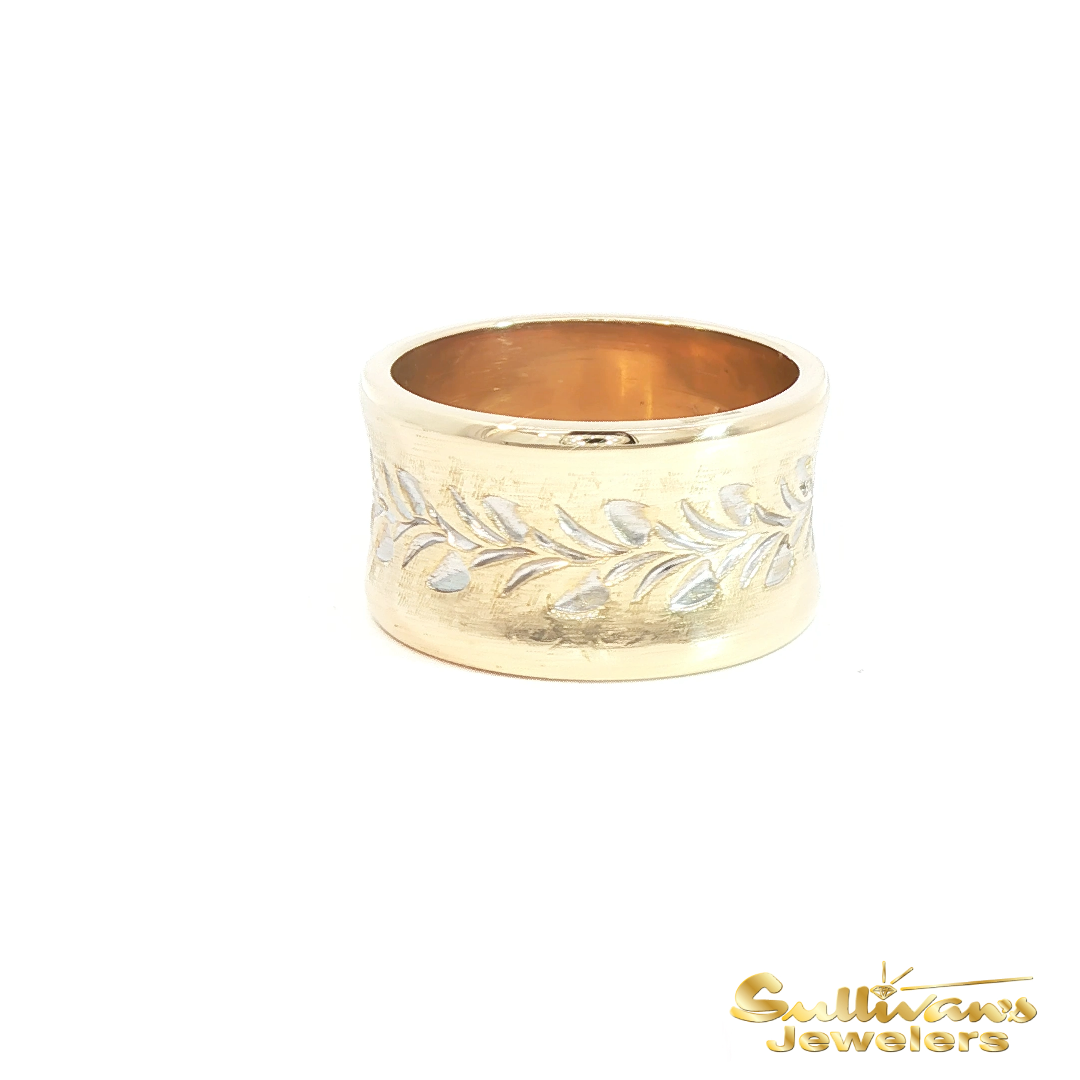 Textured Gold Band Ring with Leaf Design