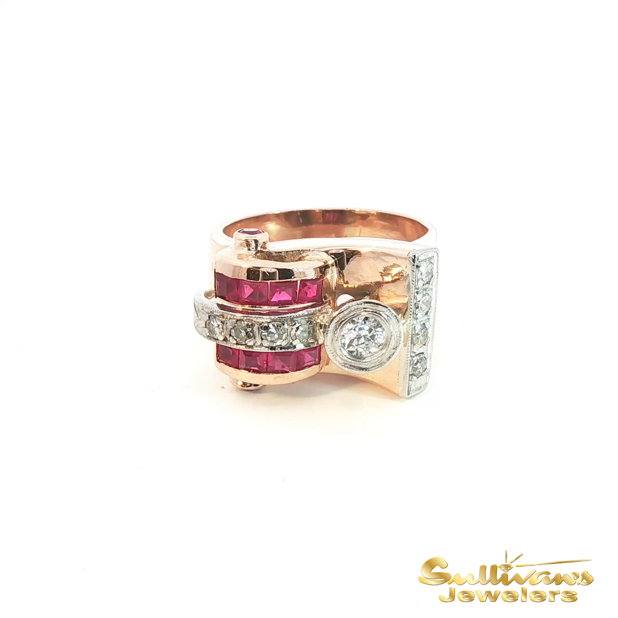 14K Rose and White Gold Ruby and Diamond Vintage Cocktail Ring