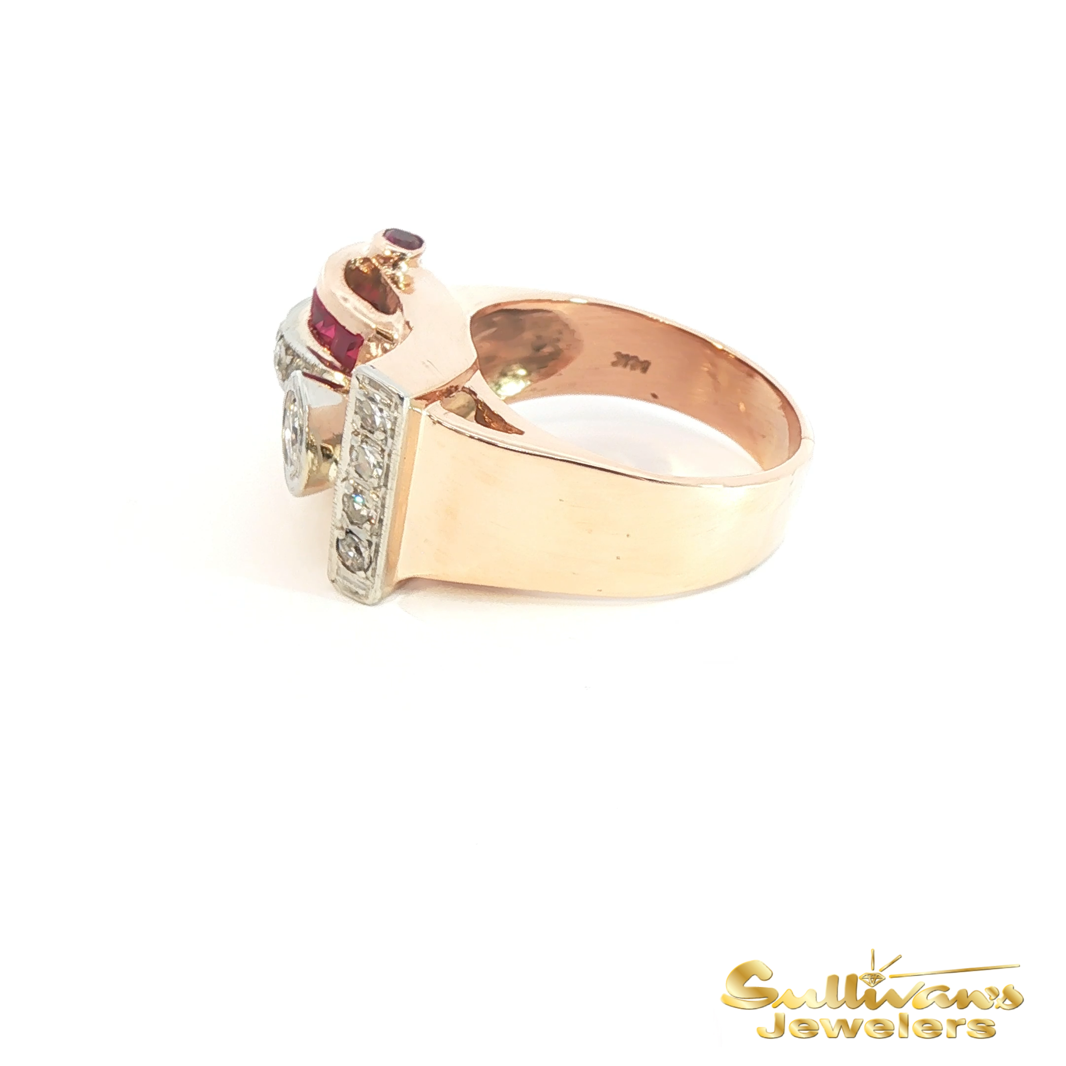 14K Rose and White Gold Ruby and Diamond Vintage Cocktail Ring