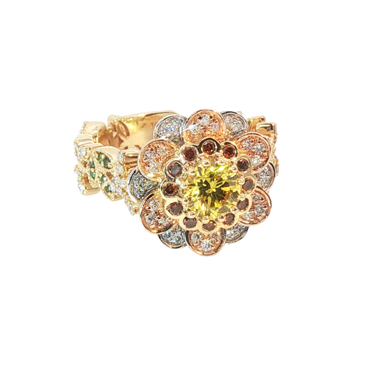 14K Tri-Color Yellow Diamond and Gemstone Floral Cocktail Ring