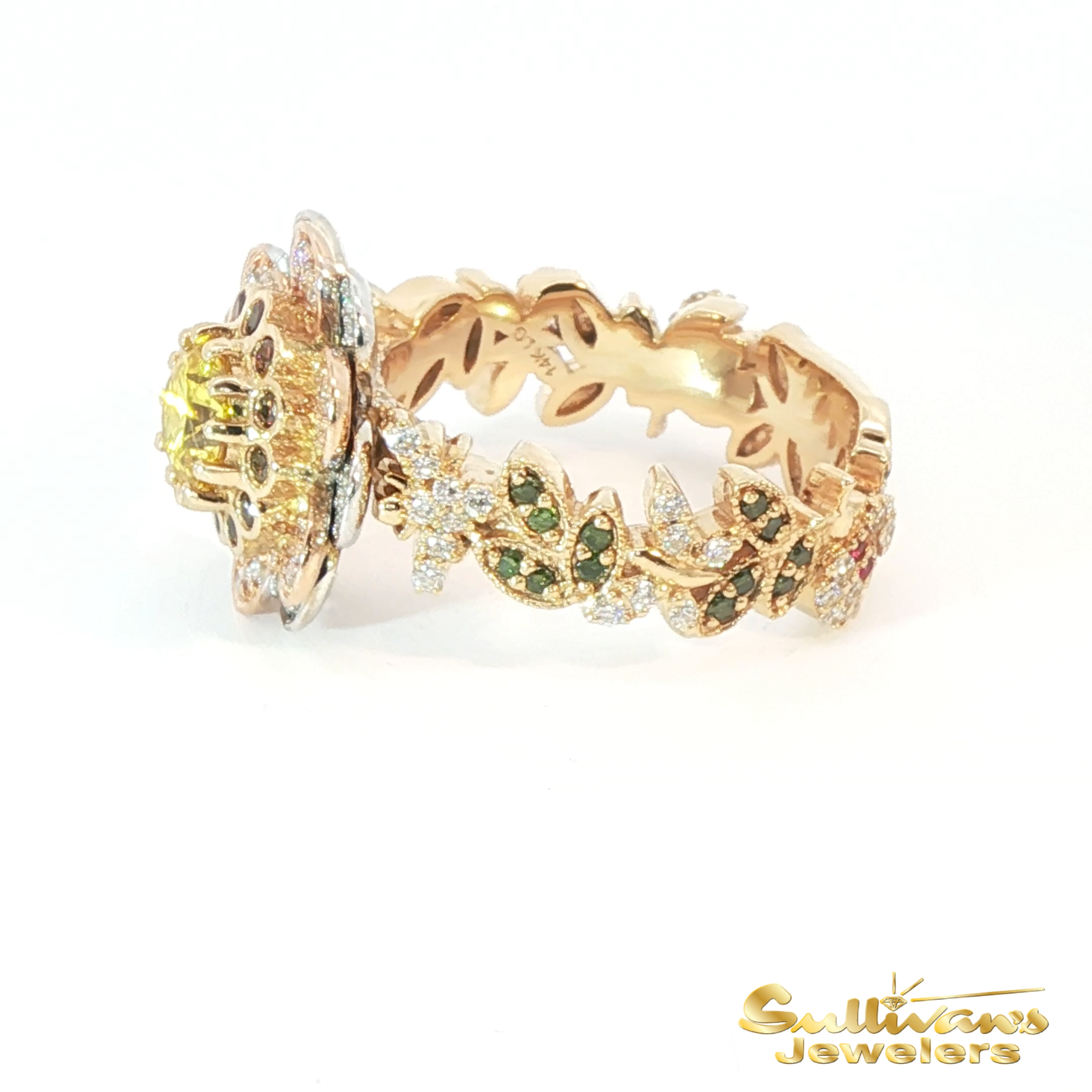 14K Tri-Color Yellow Diamond and Gemstone Floral Cocktail Ring