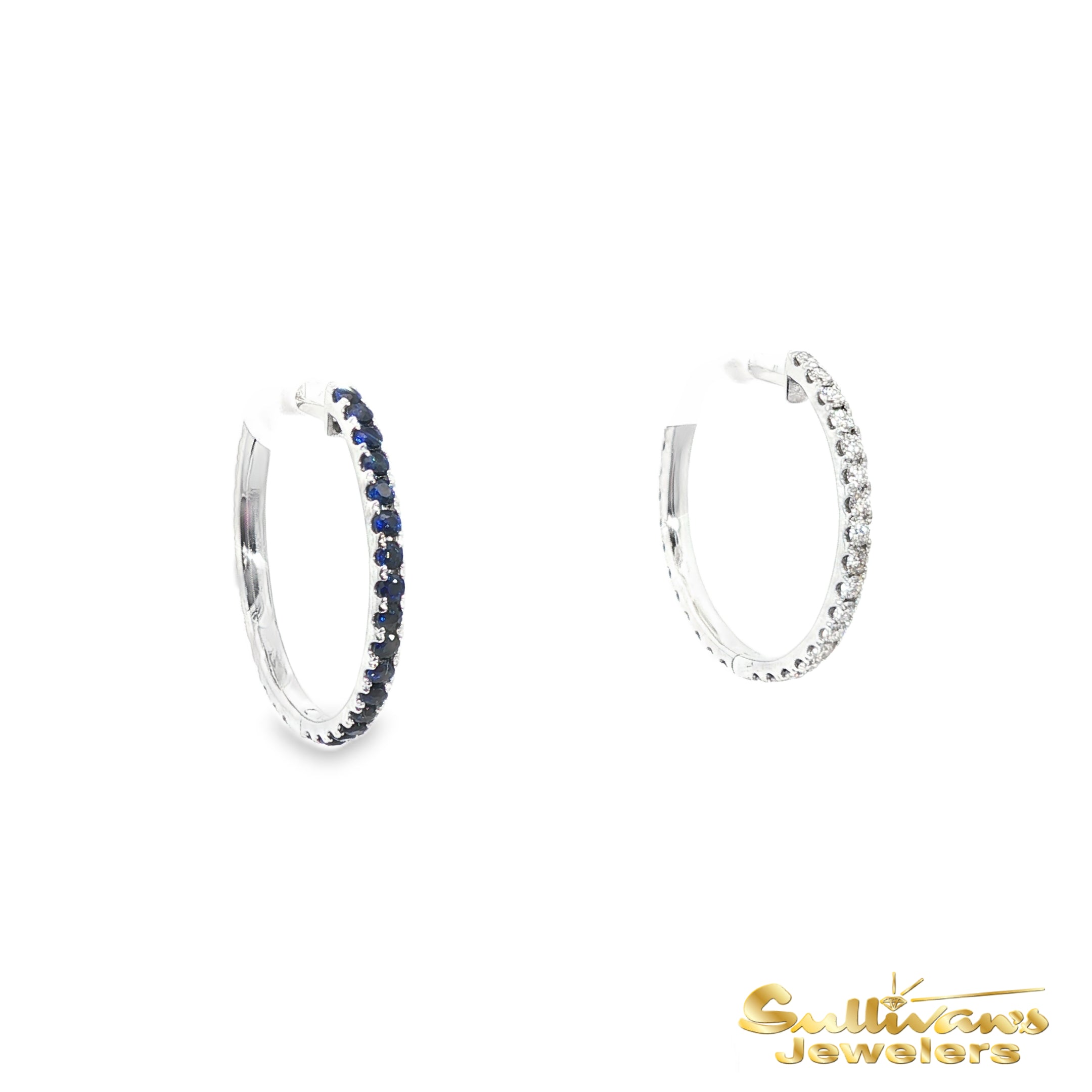 14K White Gold Reverse Blue Sapphire Hoop Earrings