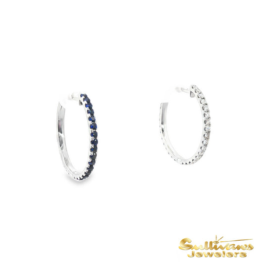 14K White Gold Reverse Blue Sapphire Hoop Earrings