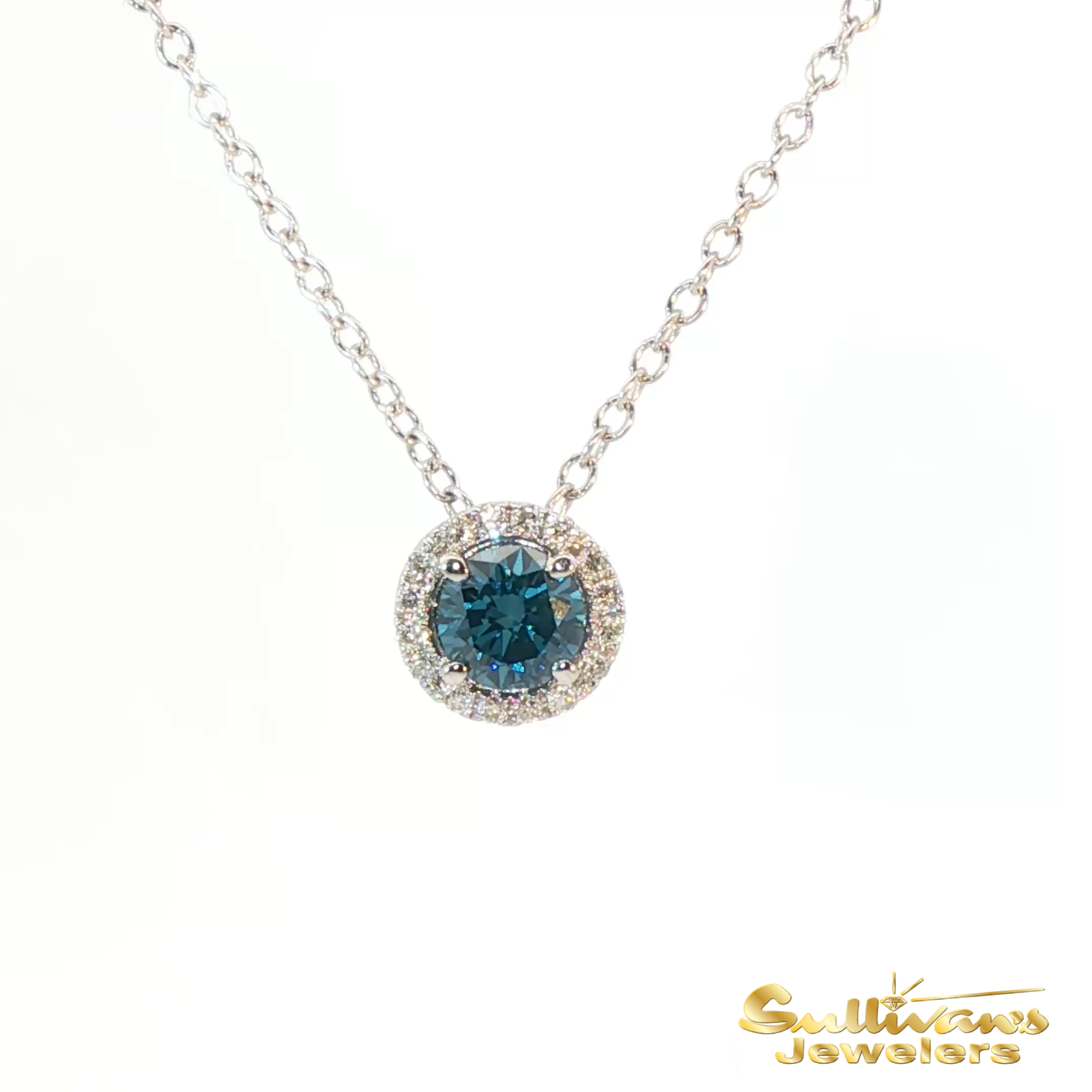 14K White Gold Fancy Blue Diamond Halo Pendant Necklace