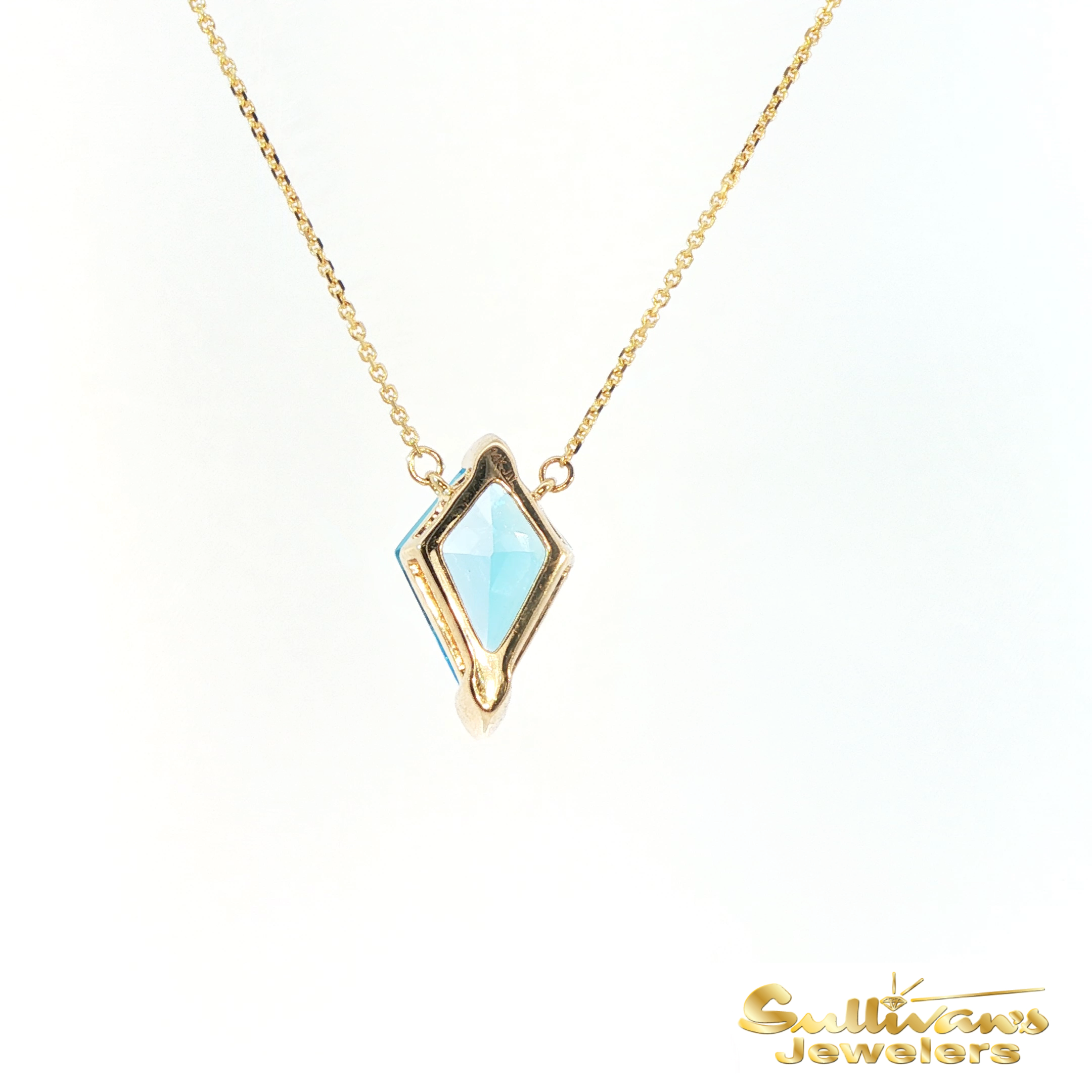 14K Yellow Gold Necklace Kite Shaped Blue Topaz