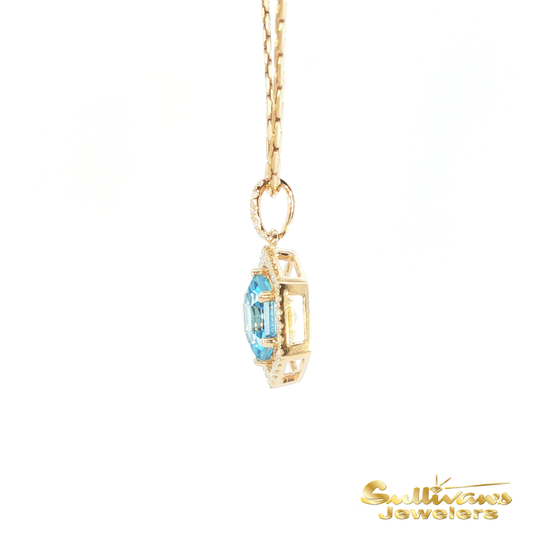 14K Yellow Gold Pendant Diamond Halo Hexagon Blue Topaz
