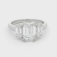 Load and play video in Gallery viewer, Platinum Three Stone Emerald Cut Lab Grown Diamond Ring