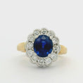 Load and play video in Gallery viewer, 18K Two Tone Sapphire with Diamond Halo Ring