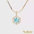 Load and play video in Gallery viewer, 14K Yellow Gold Pendant Diamond Halo Hexagon Blue Topaz