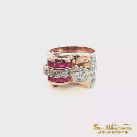 14K Rose and White Gold Ruby and Diamond Vintage Cocktail Ring