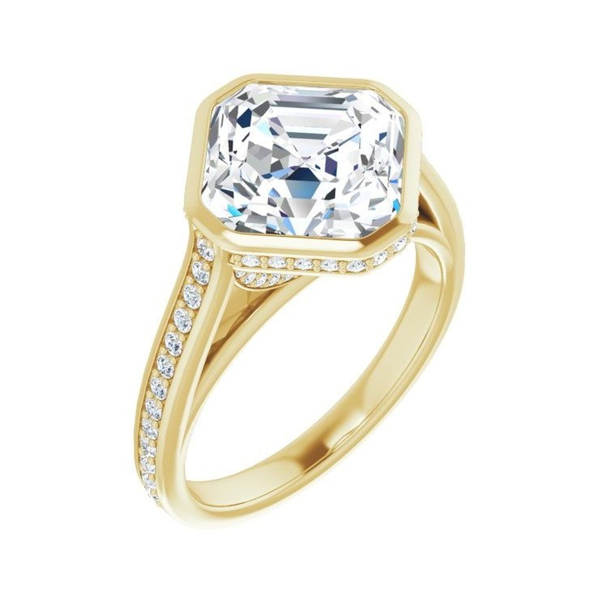 14K yellow gold Asscher engagement ring mounting, 9 x 9 mm, enlarged three-quarter view