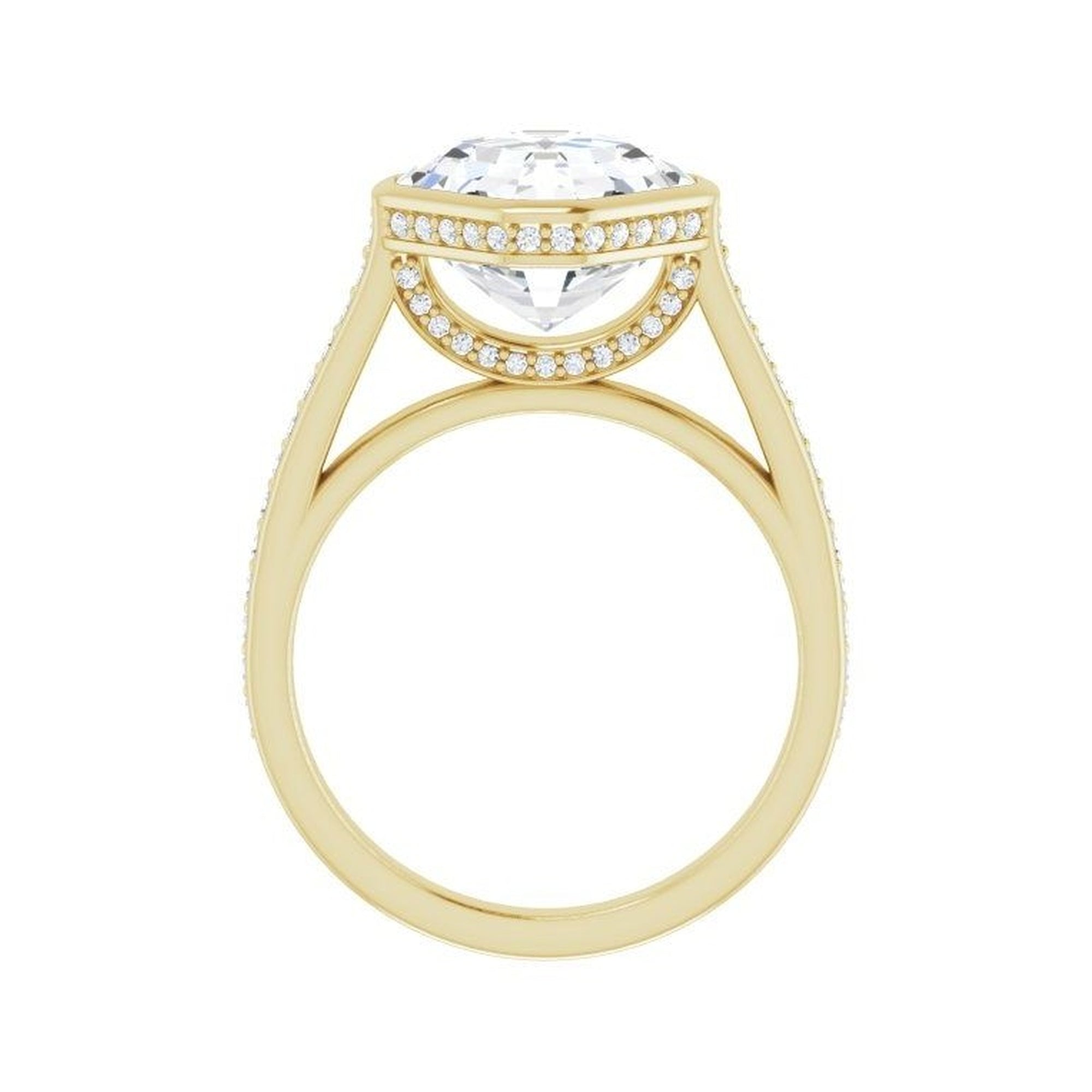 14K yellow gold Asscher engagement ring mounting, 9 x 9 mm, enlarged profile view
