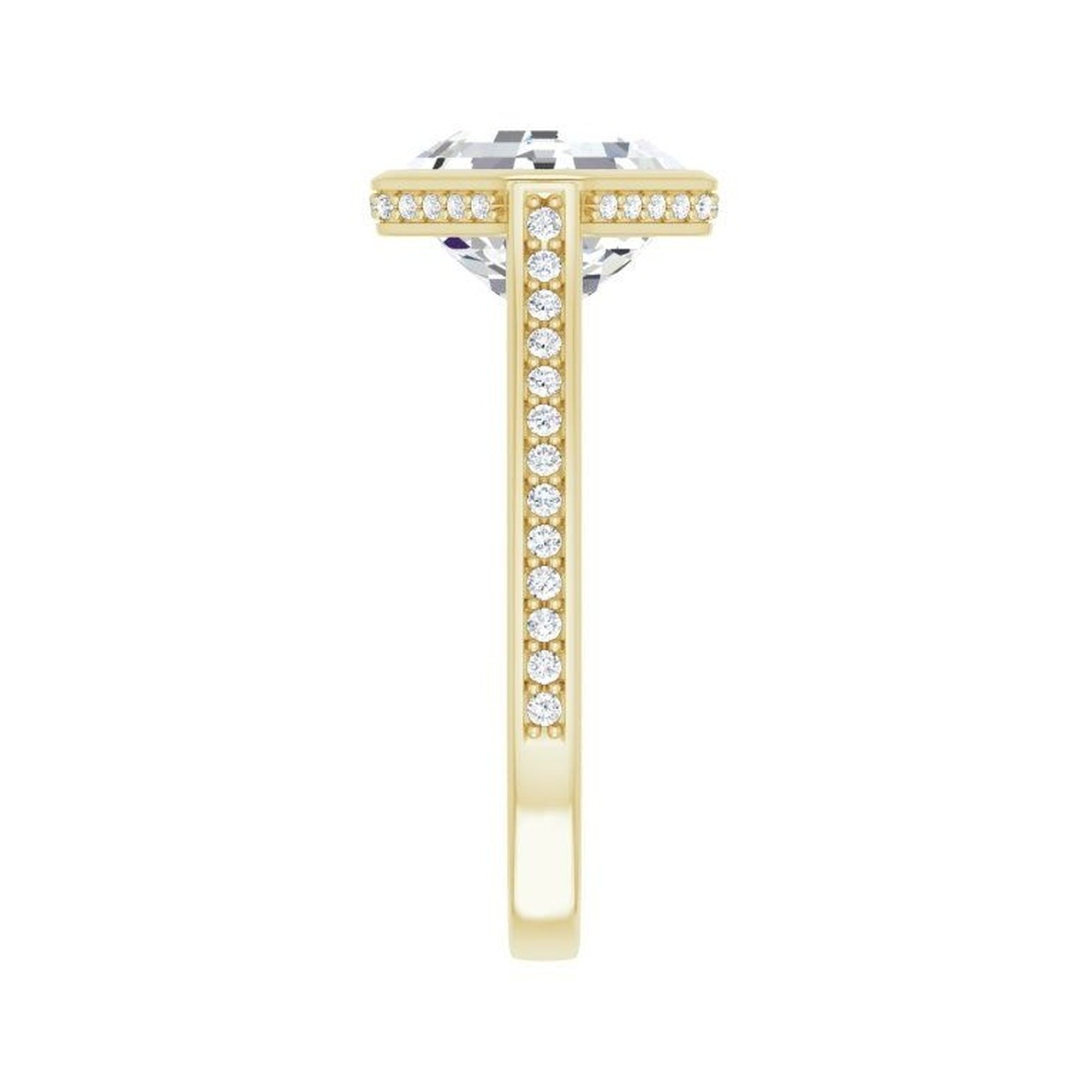 14K yellow gold Asscher engagement ring mounting, 9 x 9 mm, enlarged shank-side view