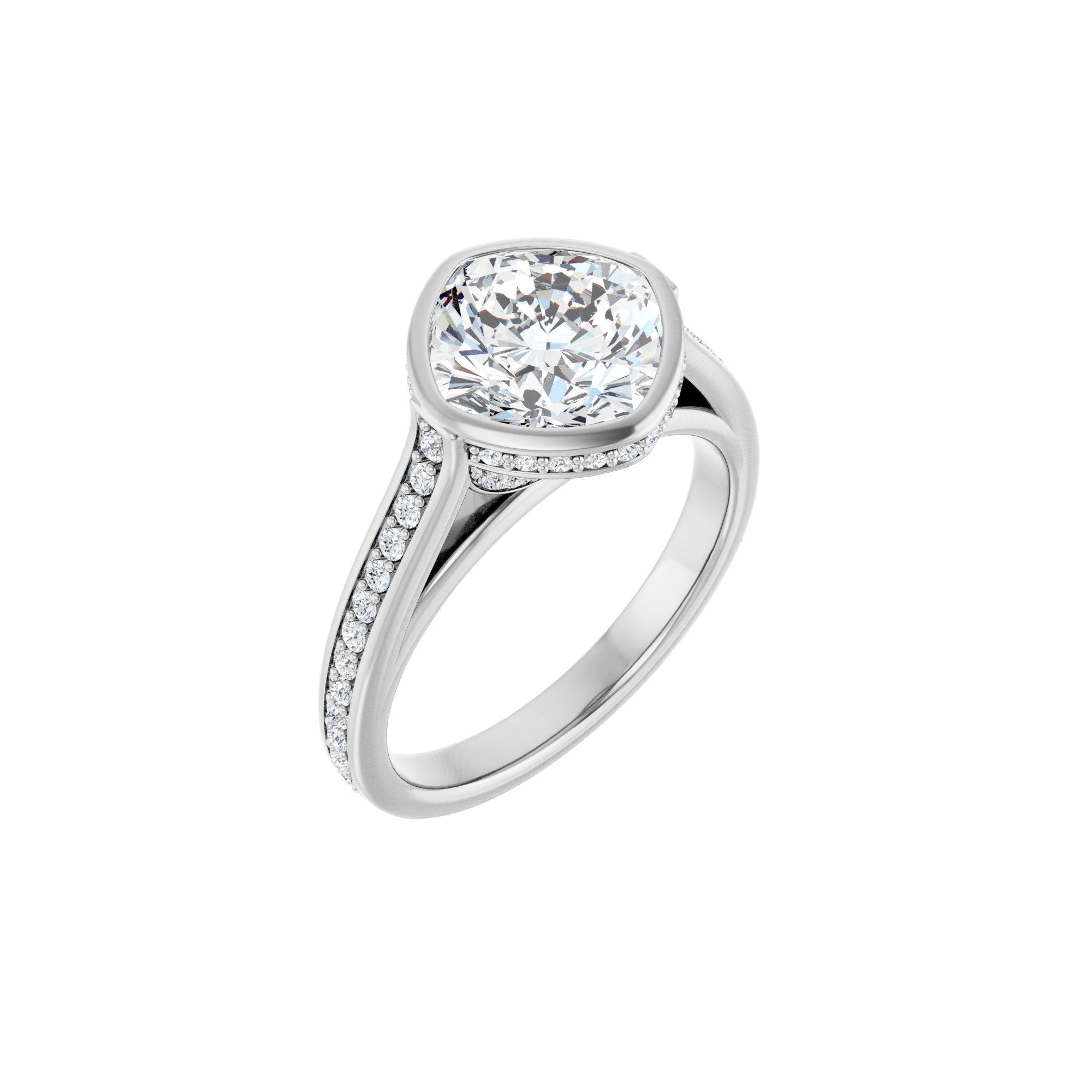 14K white gold cushion engagement ring mounting, 8 x 8 mm, three-quarter view