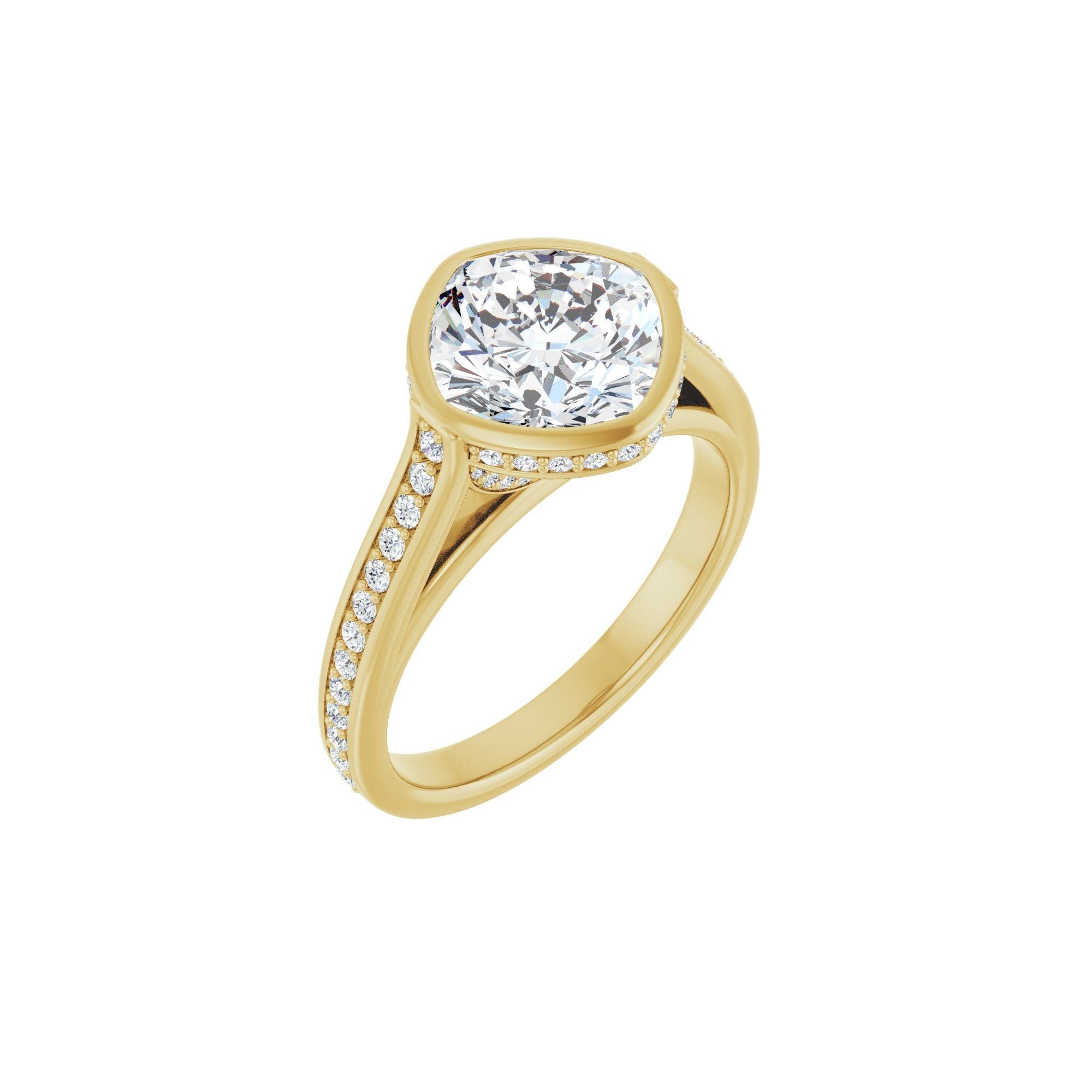 14K yellow gold cushion engagement ring mounting, 8 x 8 mm, three-quarter view