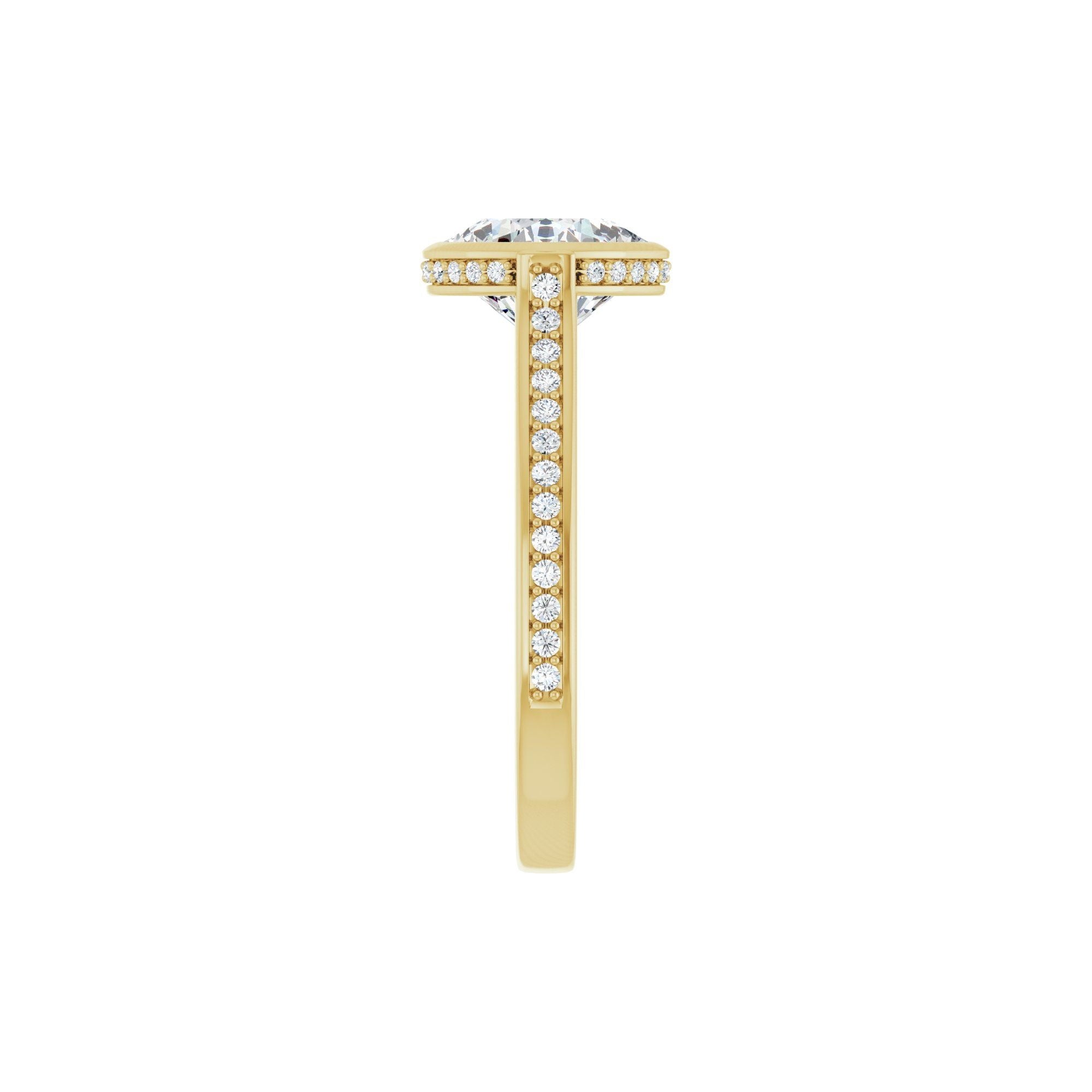 14K yellow gold cushion engagement ring mounting, 8 x 8 mm, shank side view
