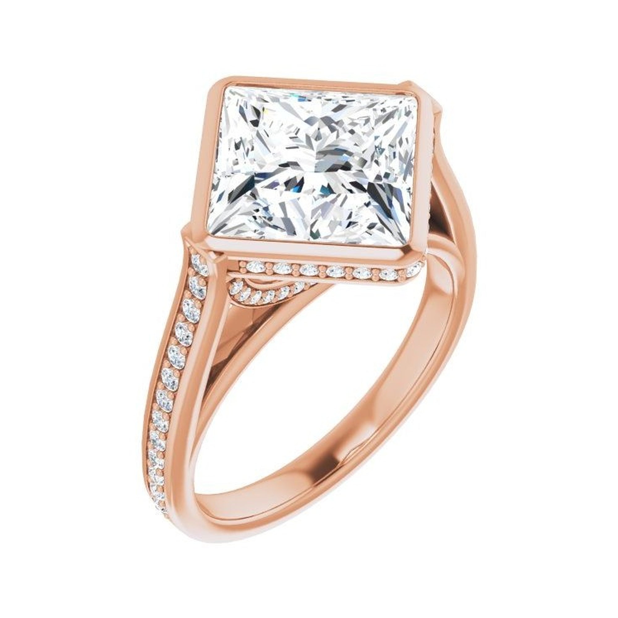 14K rose gold square engagement ring mounting, 9 x 9 mm, enlarged three-quarter view