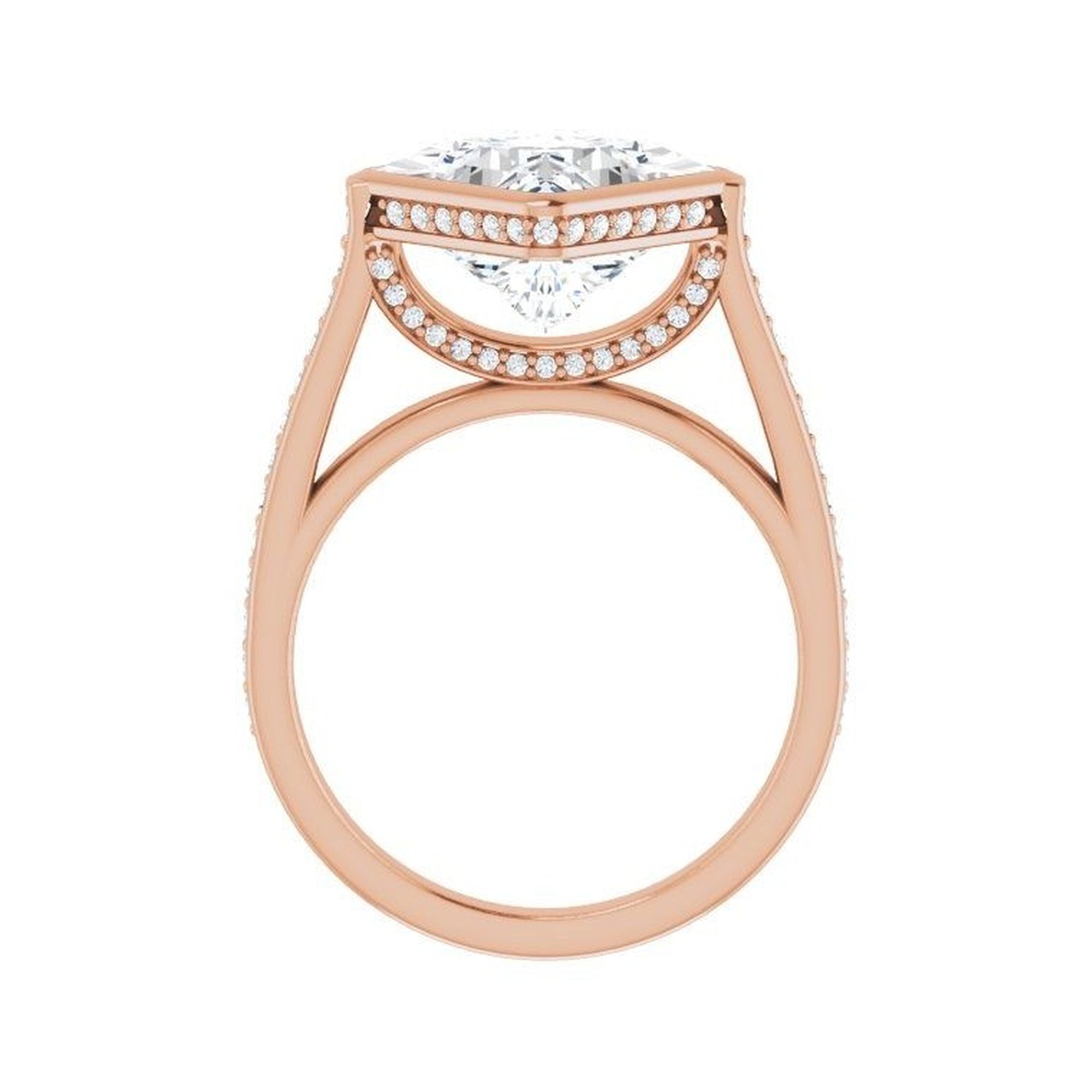14K rose gold square engagement ring mounting, 9 x 9 mm, enlarged profile view