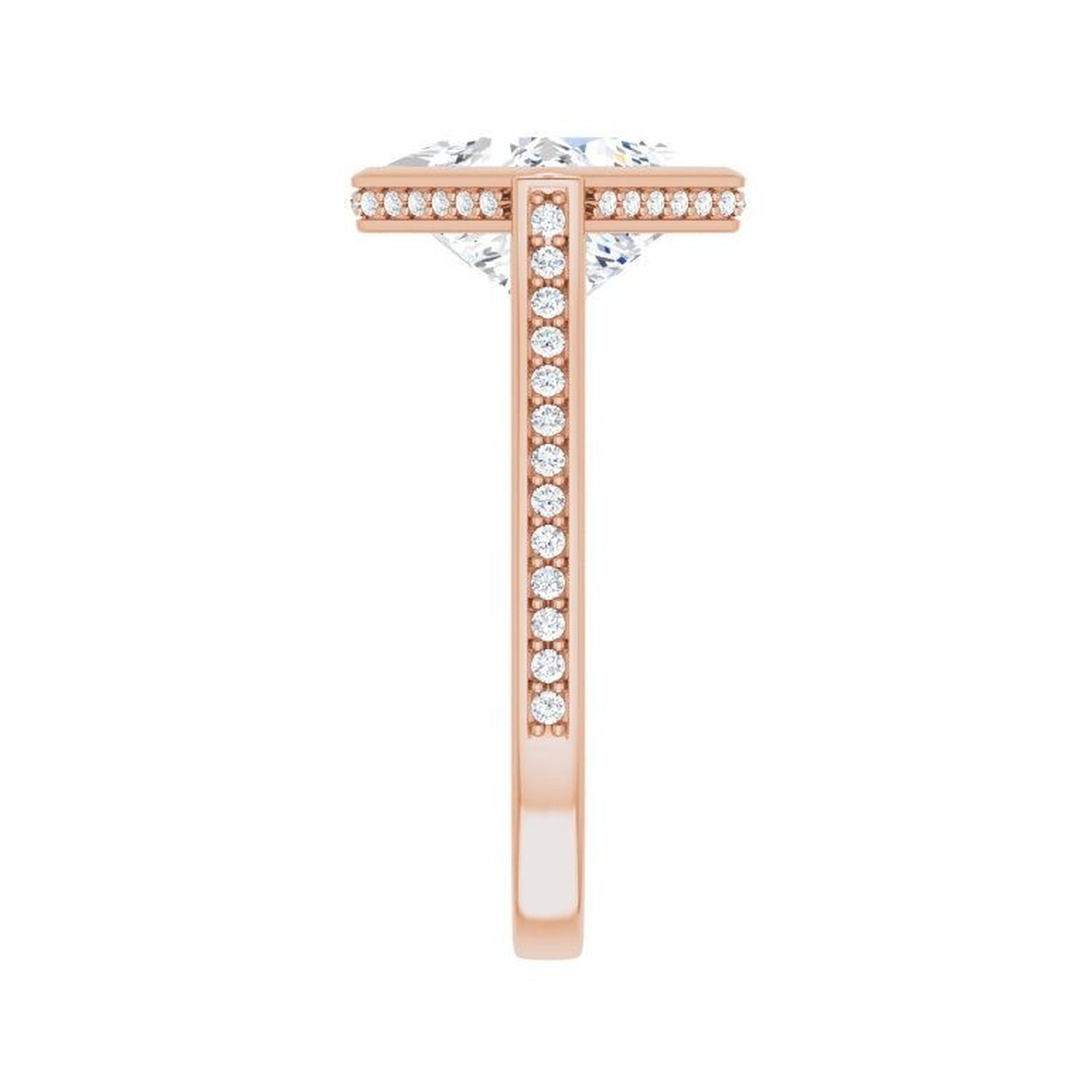 14K rose gold square engagement ring mounting, 9 x 9 mm, enlarged shank-side view