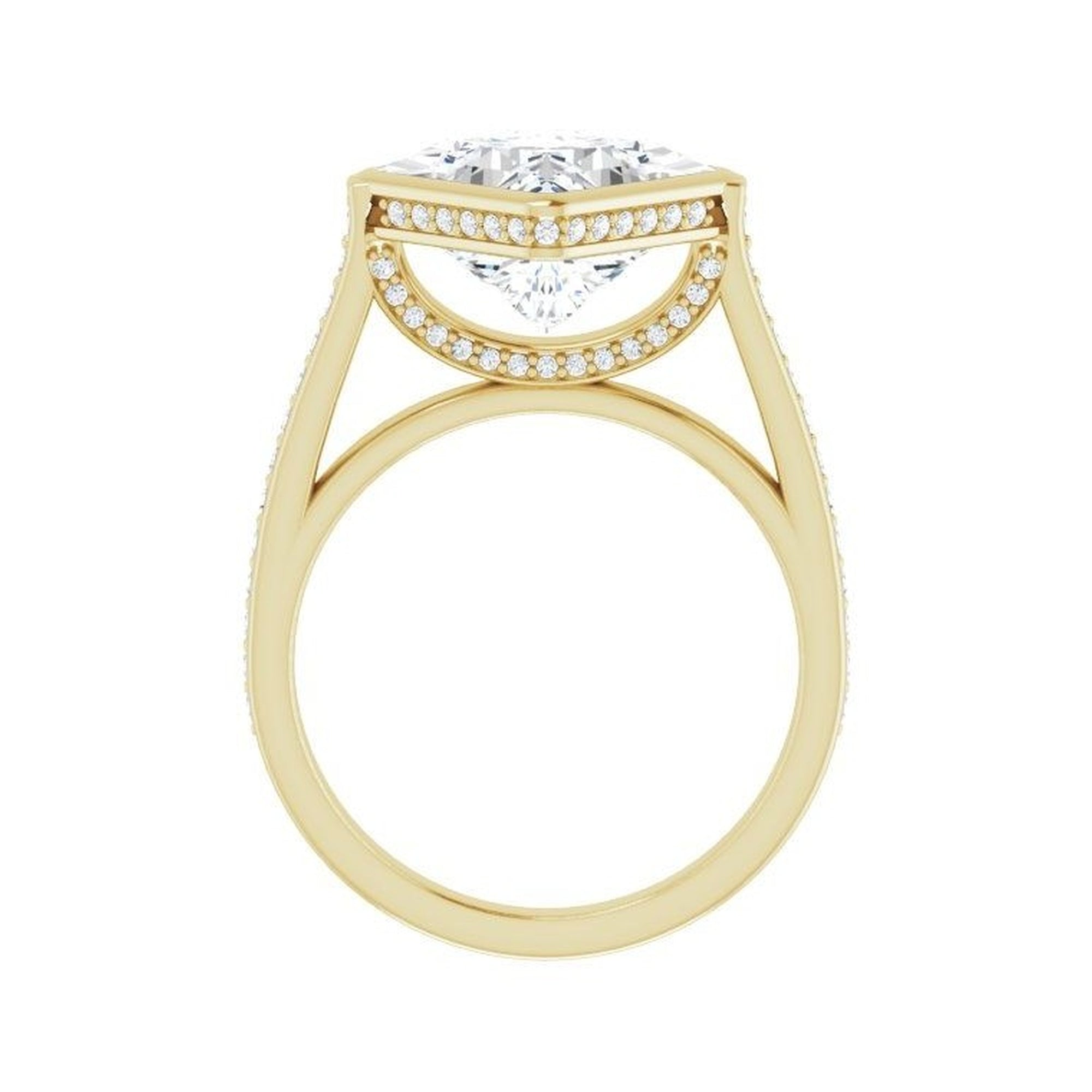14K yellow gold square engagement ring mounting, 9 x 9 mm, enlarged profile view