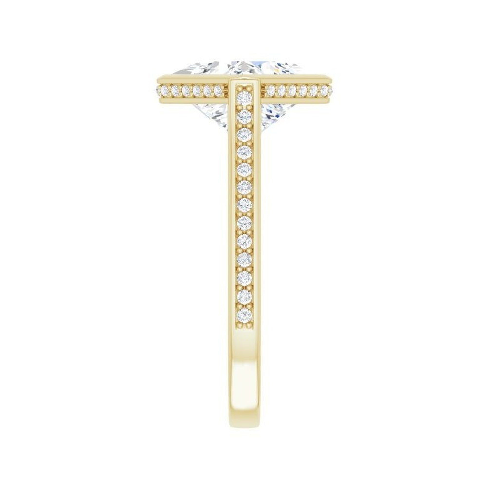 14K yellow gold square engagement ring mounting, 9 x 9 mm, enlarged shank-side view