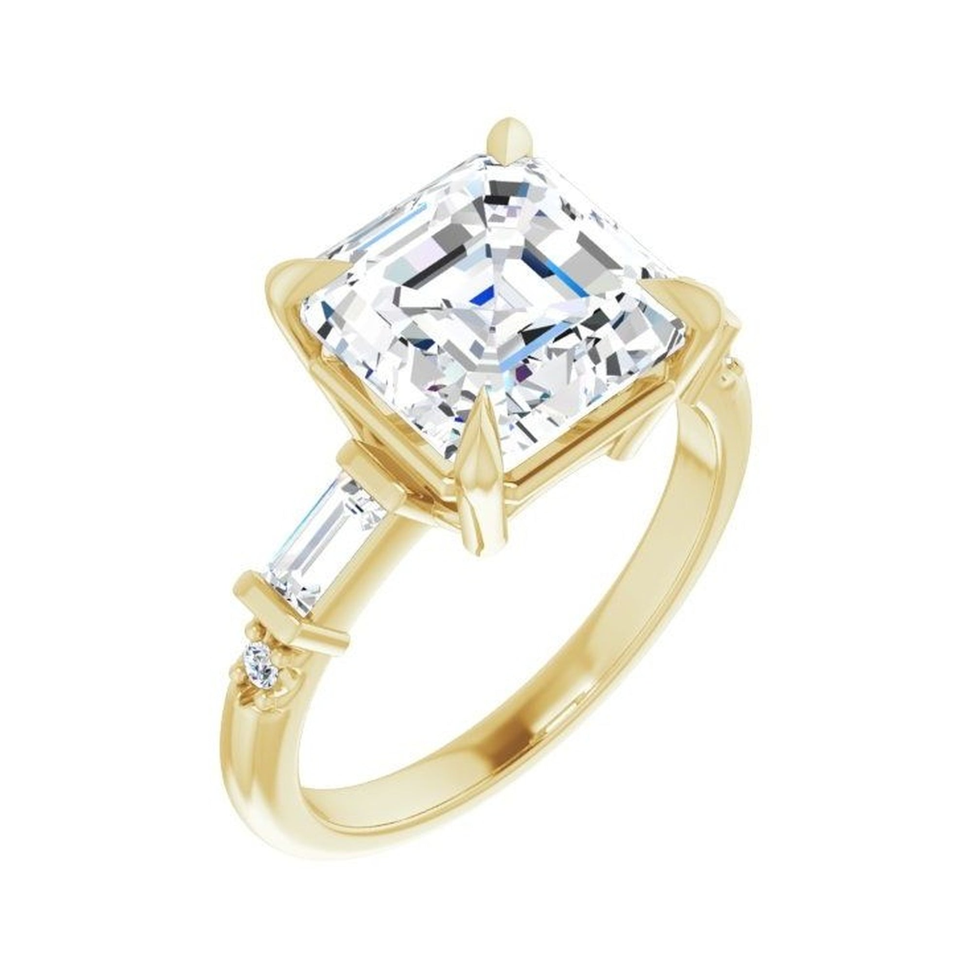 14K yellow gold Asscher engagement ring mounting, 9 x 9 mm, enlarged three-quarter view