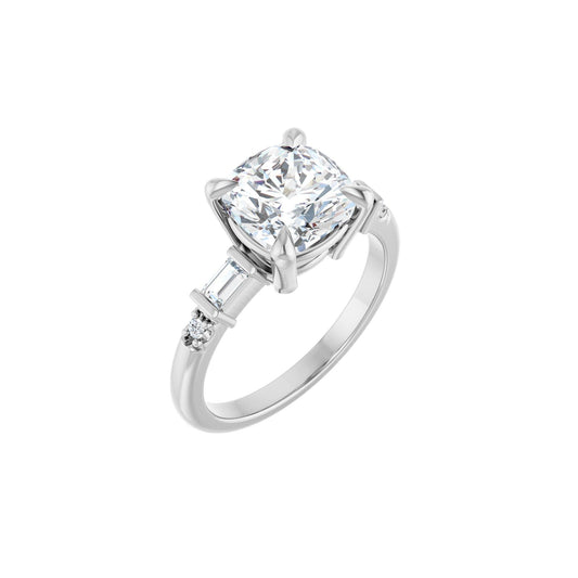 14K white gold cushion engagement ring mounting, 8 x 8 mm, three-quarter view