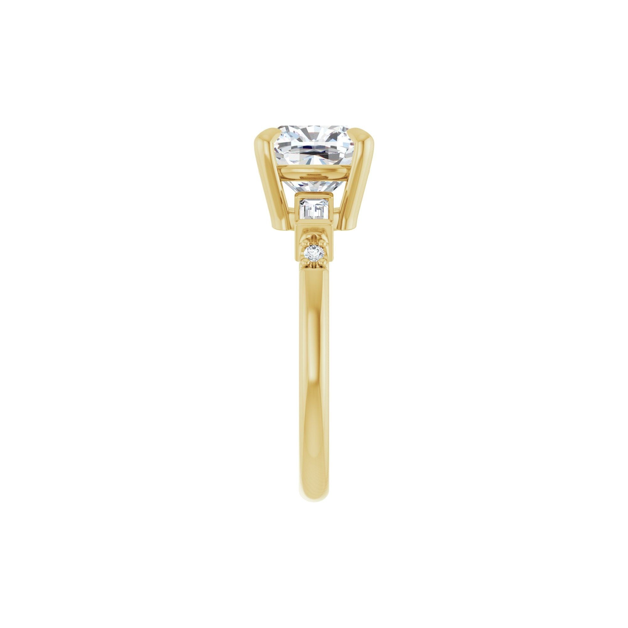 14K yellow gold cushion engagement ring mounting, 8 x 8 mm, shank side view
