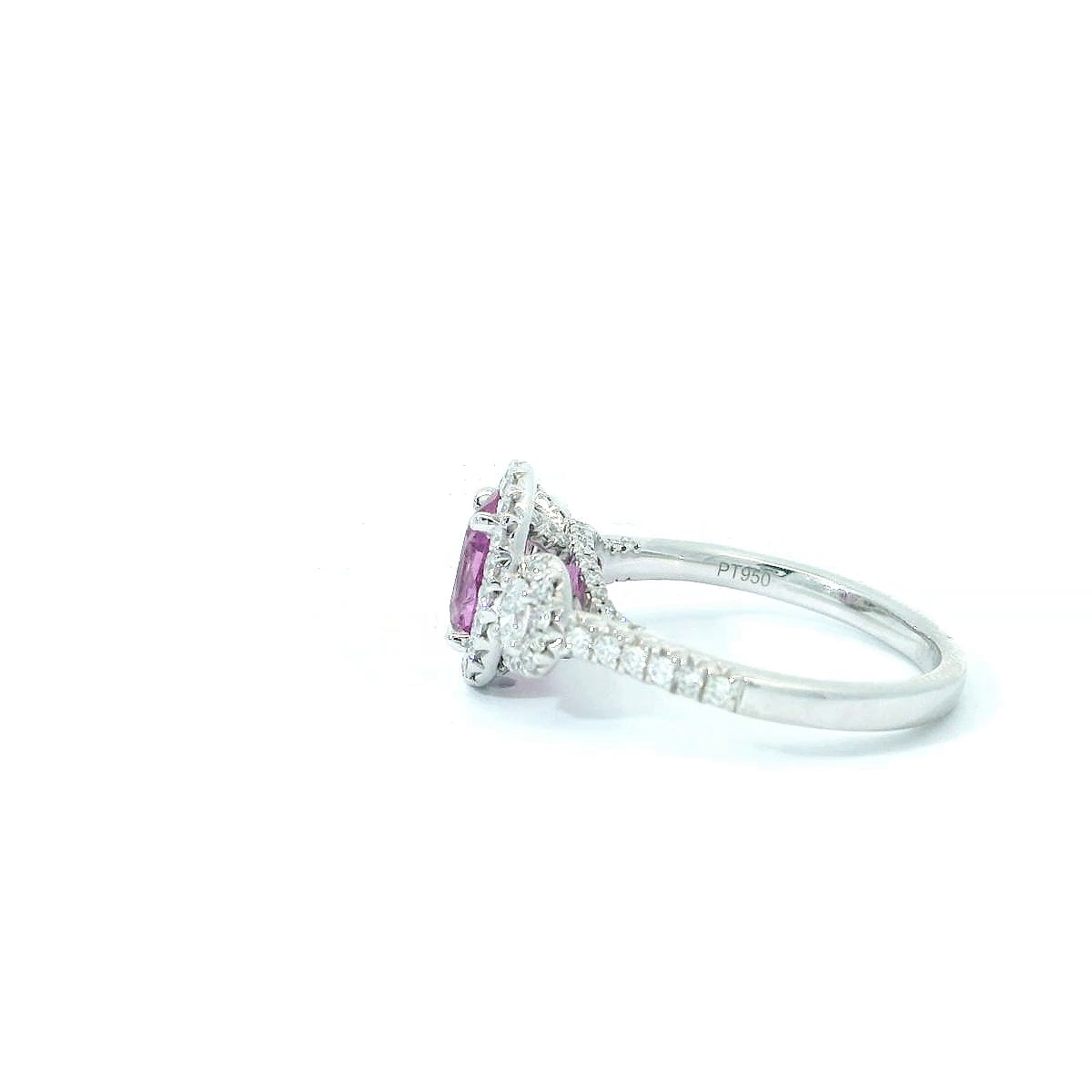 Platinum Pink Sapphire and Diamond 3-Stone Ring with Diamond Halo