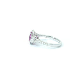 Platinum Pink Sapphire and Diamond 3-Stone Ring with Diamond Halo