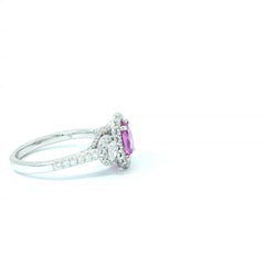 Platinum Pink Sapphire and Diamond 3-Stone Ring with Diamond Halo