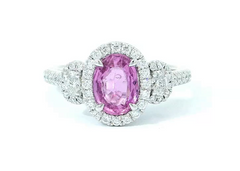 Platinum Pink Sapphire and Diamond 3-Stone Ring with Diamond Halo