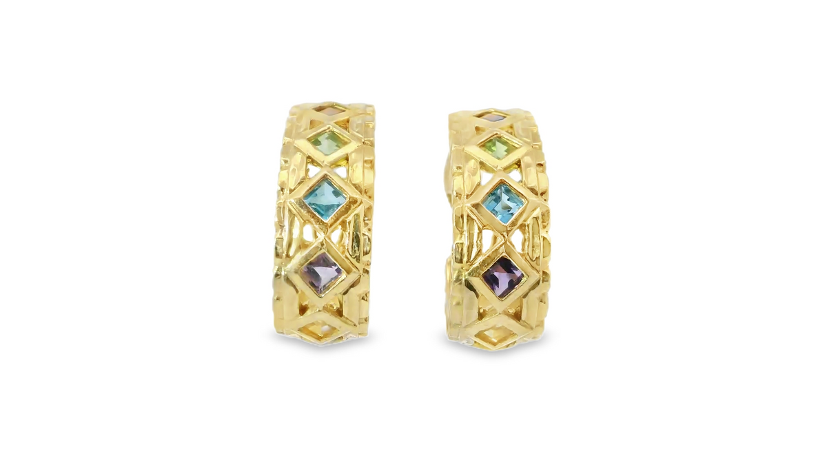 14K Yellow Gold Etruscan Gemstone Hoops