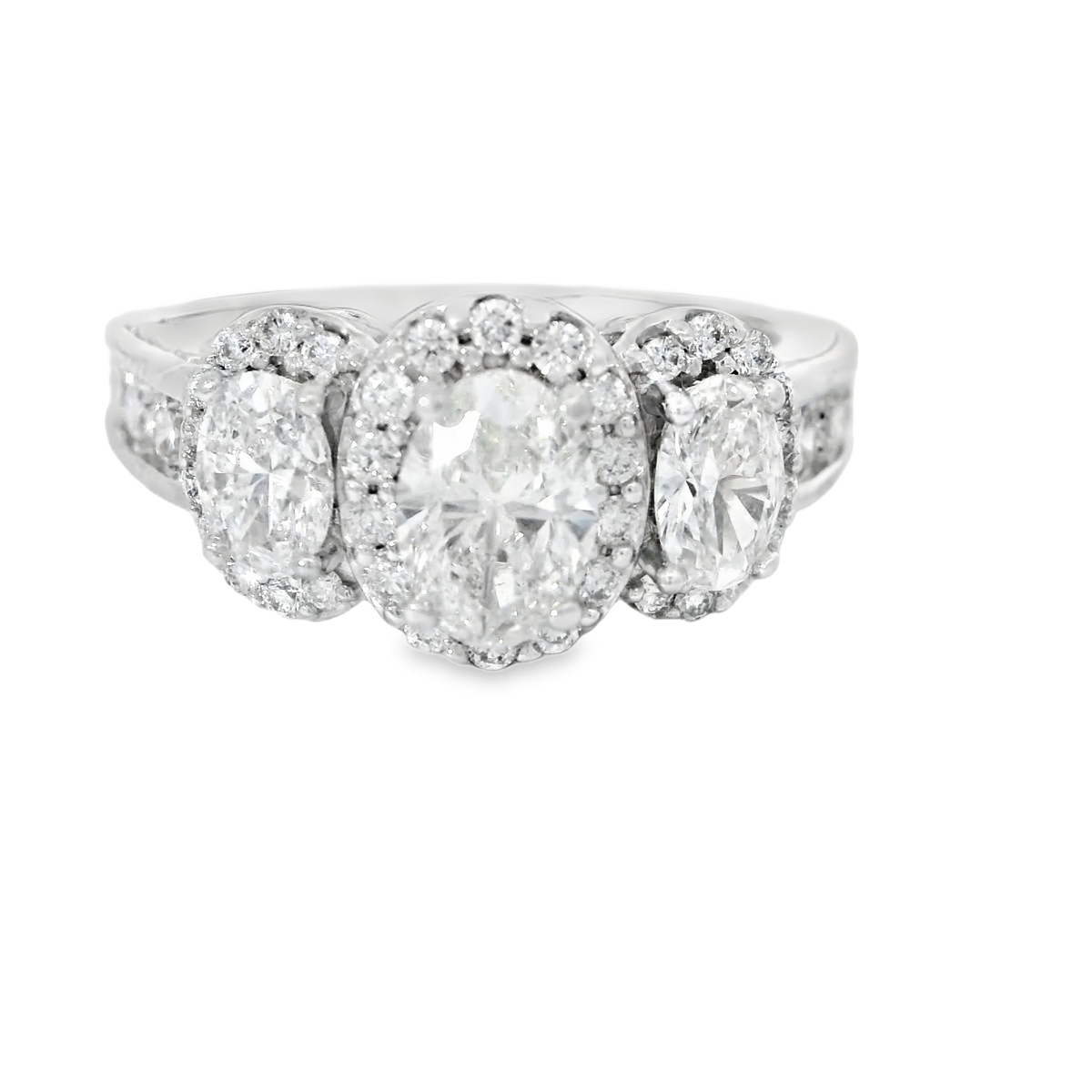 14k White Gold Oval Three Stone Halo Diamond Ring