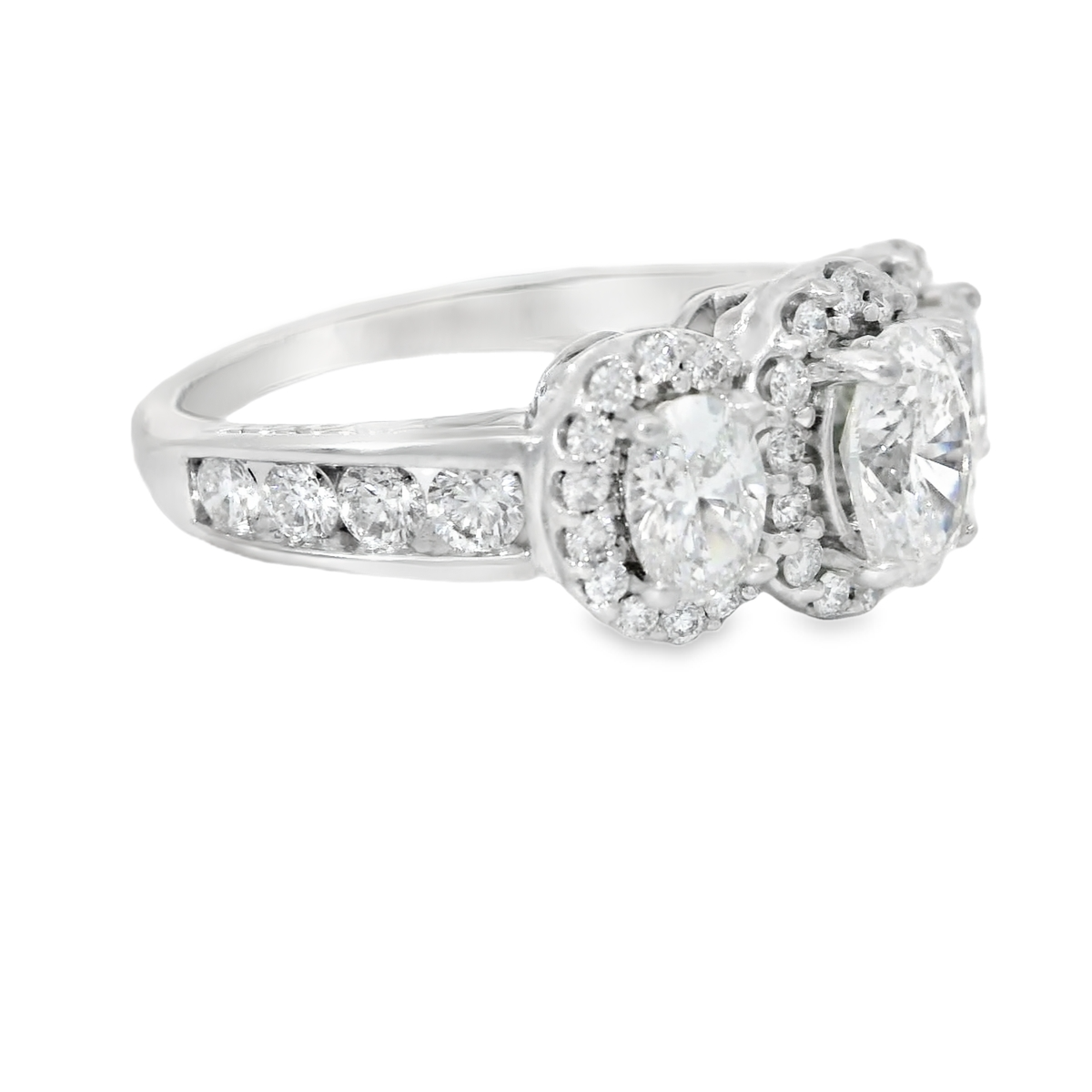 14k White Gold Oval Three Stone Halo Diamond Ring