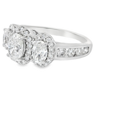 14k White Gold Oval Three Stone Halo Diamond Ring