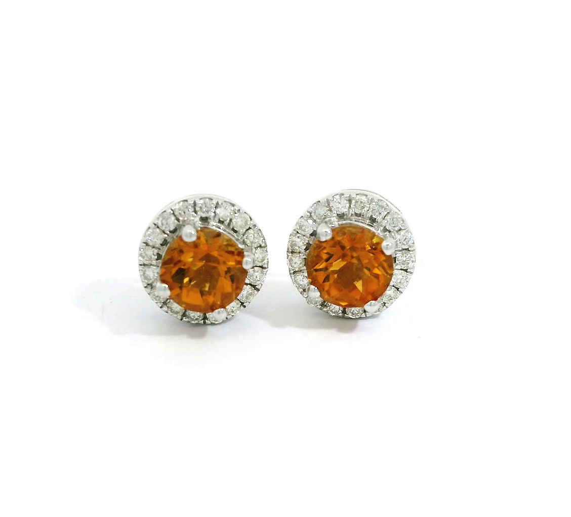 14K White Gold Citrine and Diamond Halo Stud Earrings