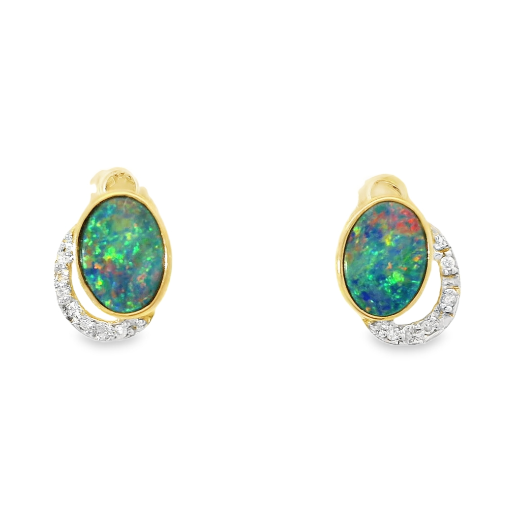 14K Yellow Gold Diamond & Opal Earrings